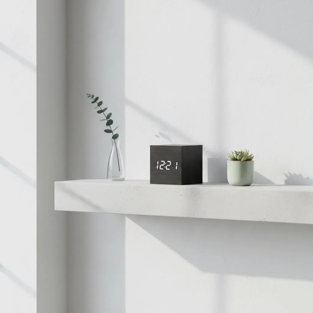 Réveil Cube Design Noir en Bois