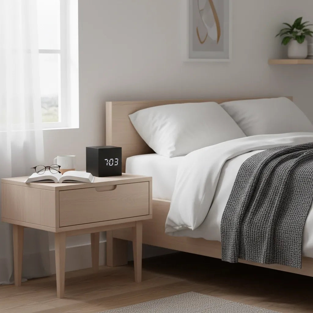 Réveil Cube Design Noir en Bois