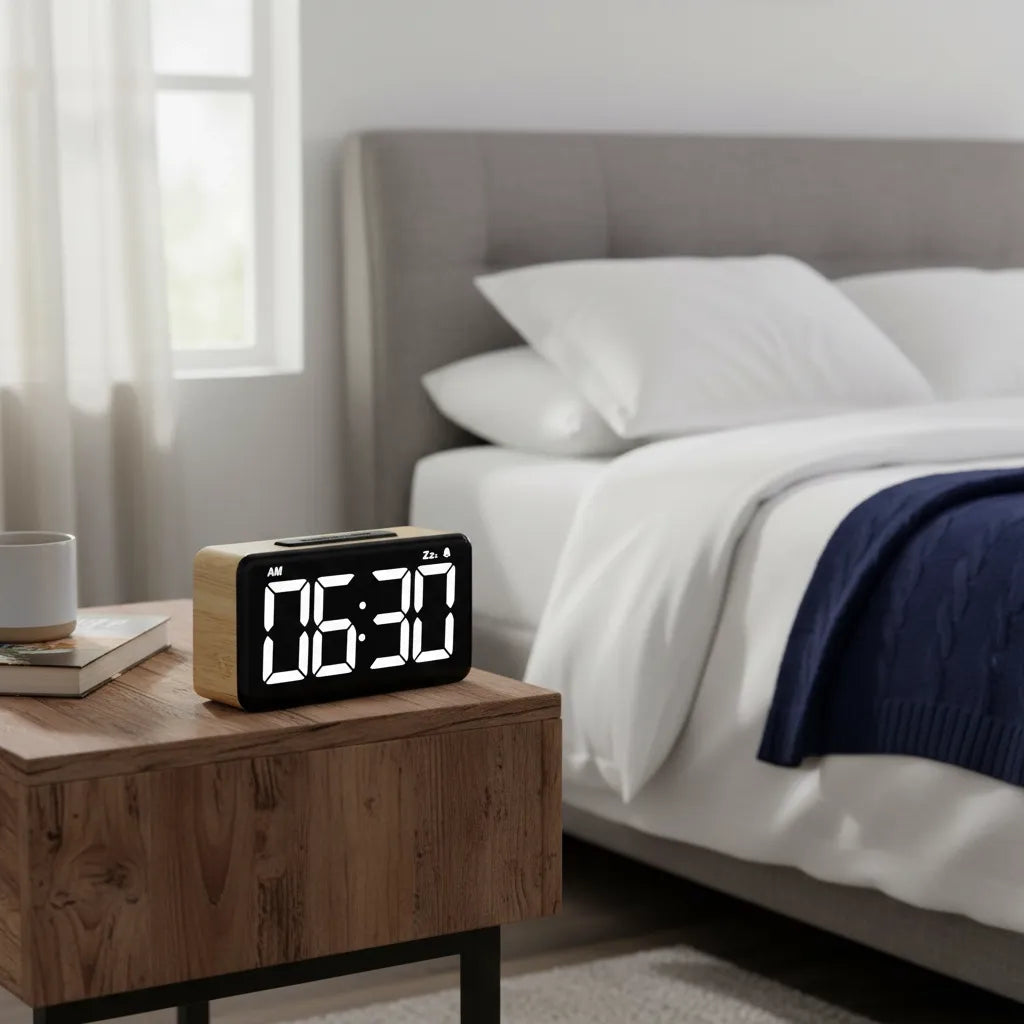 Réveil Lumineux à Gros Chiffres en Bois