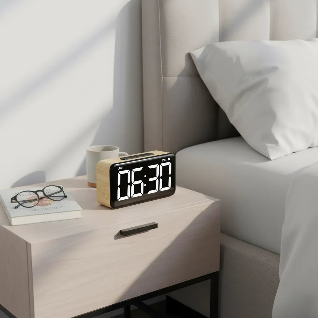 Réveil Lumineux à Gros Chiffres en Bois