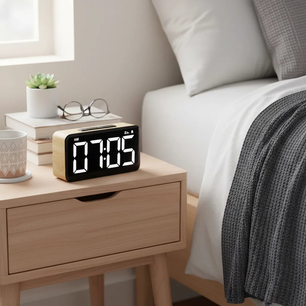 Réveil Lumineux à Gros Chiffres en Bois